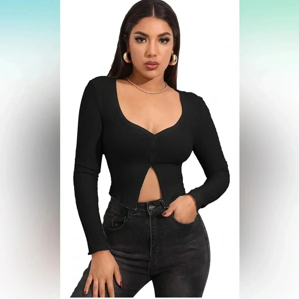 Button Front V Neck Long Sleeve Slit Ribbed Knit Crop T-Shirt Tee Top, NEW, S